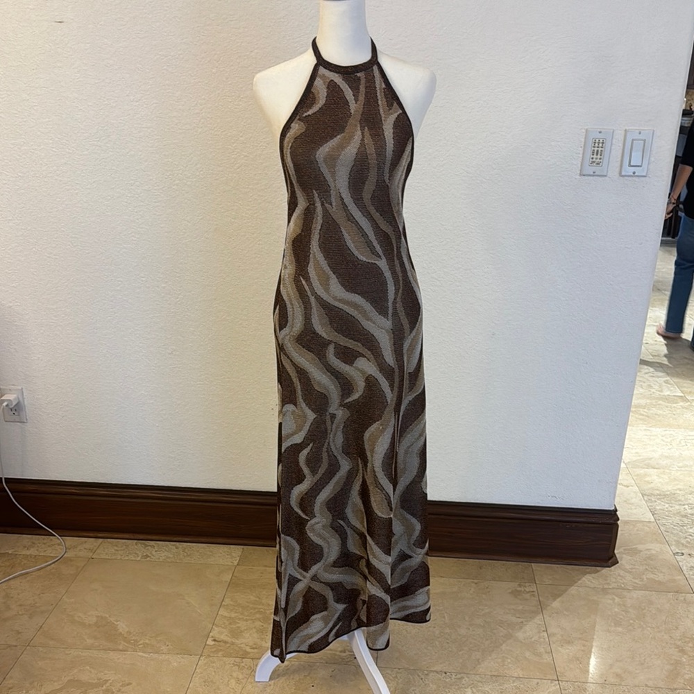 Zara Brown and Cream Patterned Maxi Halter Dress